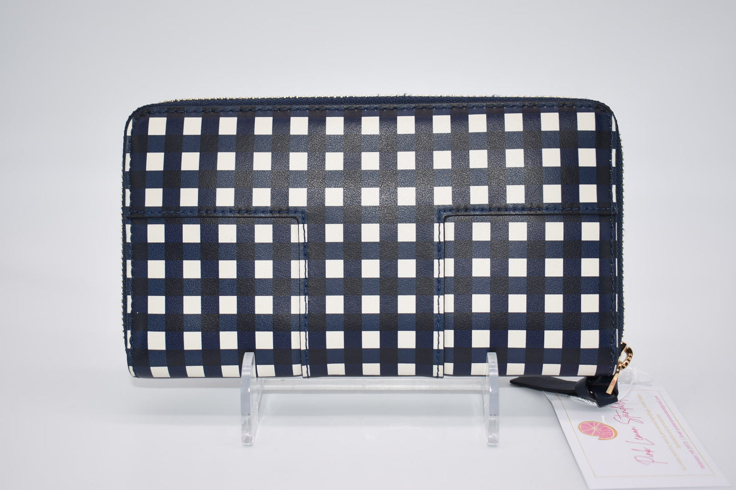 Tory Burch T Block Continental Zip Around Wallet in Navy Blue Checkered