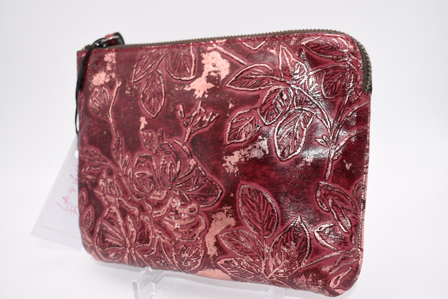 Patricia Nash Cassini Wristlet in Berry Red Bark Leaves Embossed