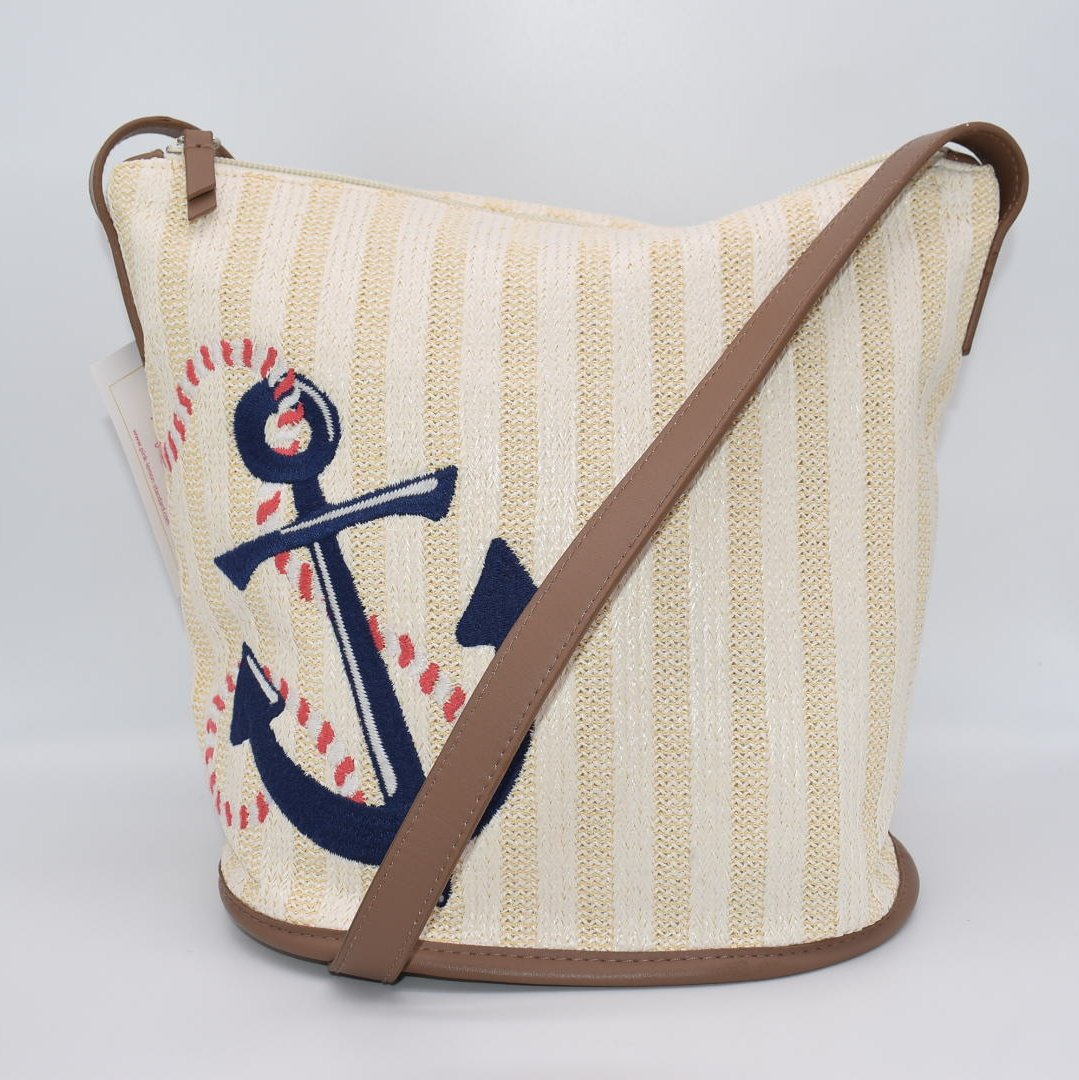 Vera Bradley Straw Bucket Crossbody Bag in "Regatta Anchor Navy"