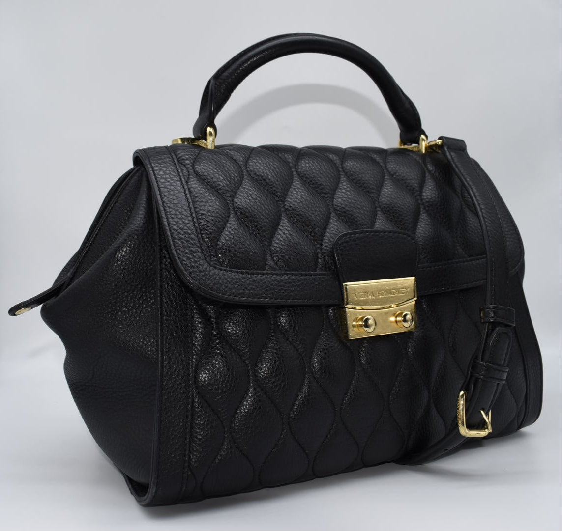 Vera Bradley Quilted Leather Stella Satchel Bag in Black