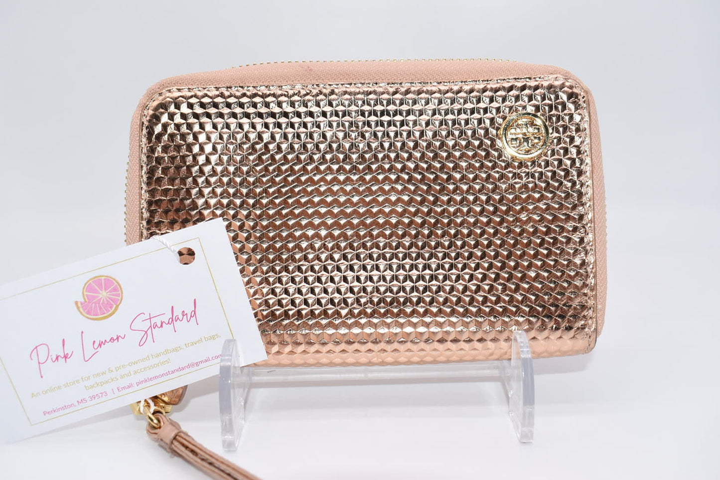 Tory Burch Rosegold Honeycomb Zip Around Wristlet