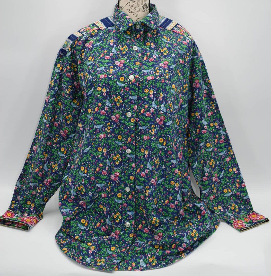 Vintage Vera Bradley Large Button-Up Long Sleeve Shirt in "Bluebird - 1998" Pattern