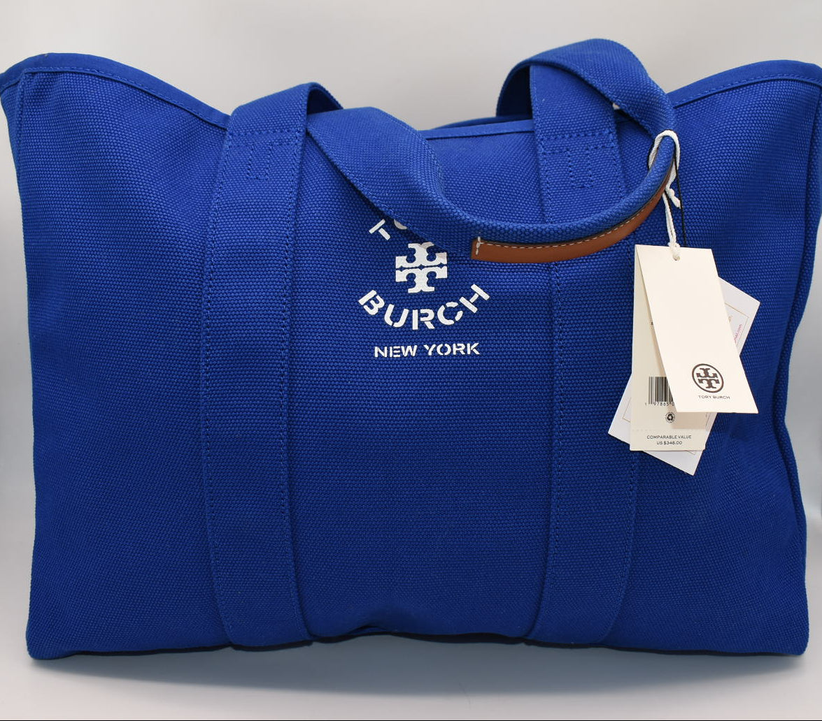 Tory Burch Large Canvas Tote Bag in Blue Dahlia