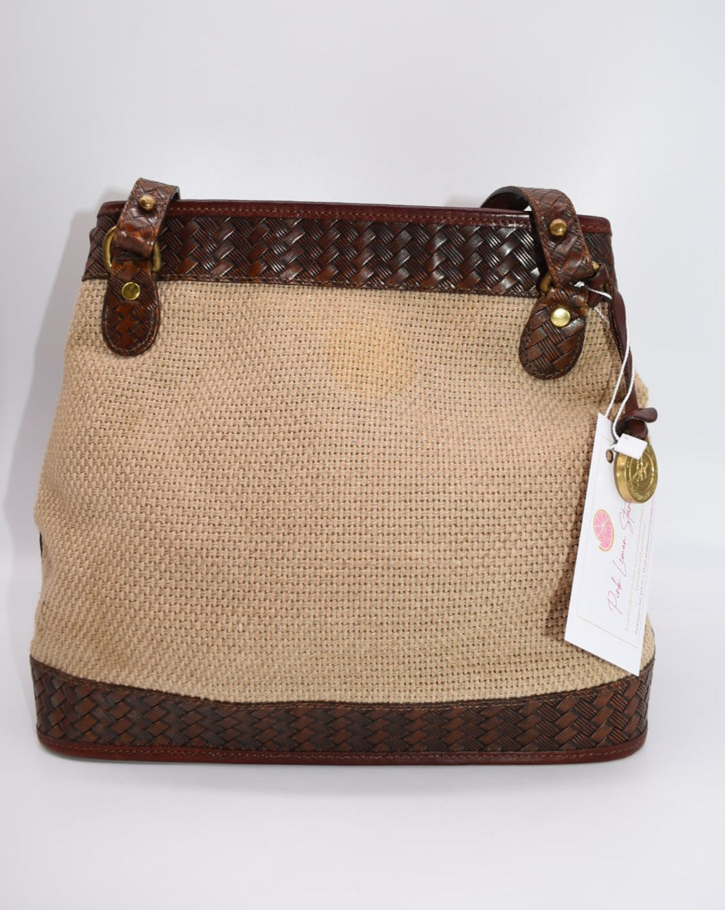 Brahmin Leather & Natural Canvas Tote Bag