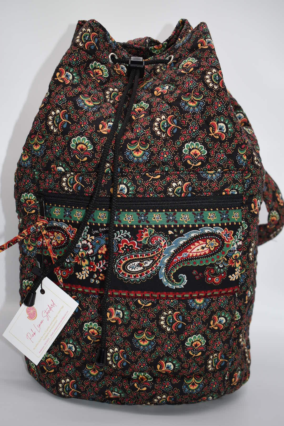Vintage Vera Bradley Large Drawstring Sling Backpack in "Colette Black" Pattern