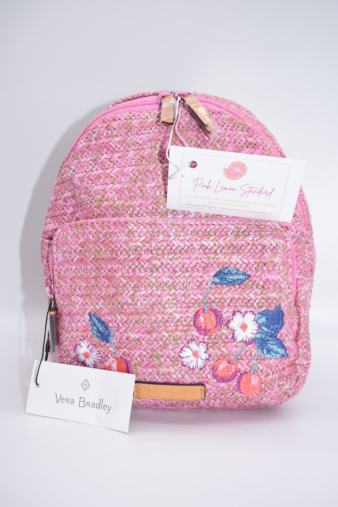 Vera Bradley Pink Embroidered Cherry Straw Backpack – Pink Lemon Standard