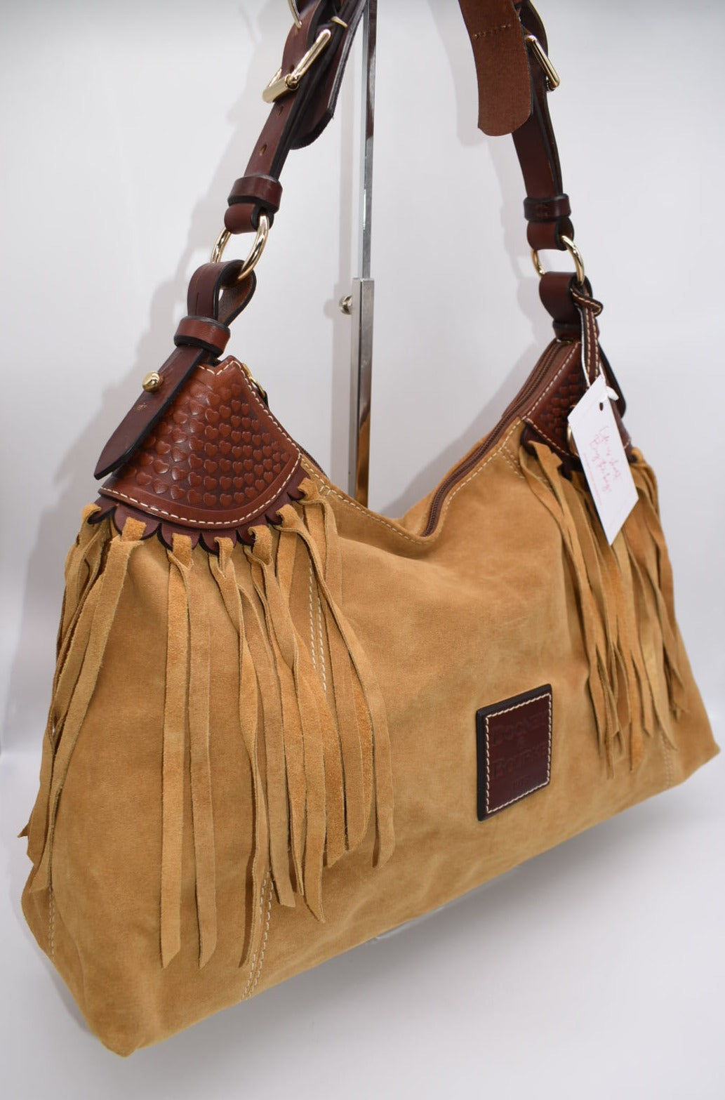 Dooney & Bourke Large East/West Slouch Suede Shoulder Bag with Fringe in Camel