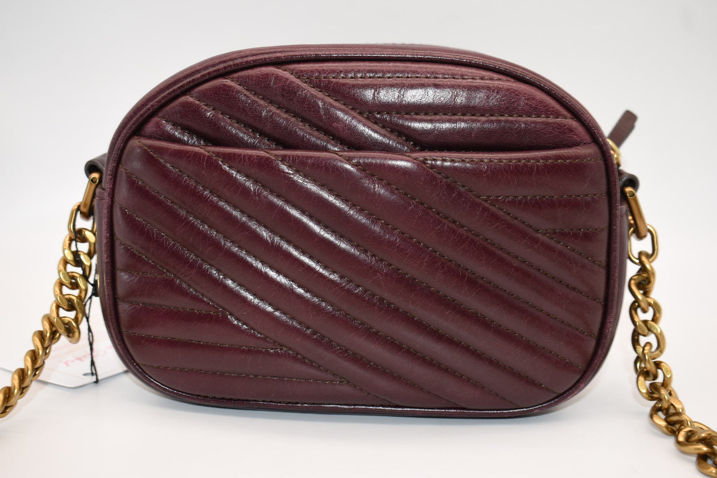 Tory Burch Kira Chevron Small Camera Bag in Fig Burgundy Glazed Leather