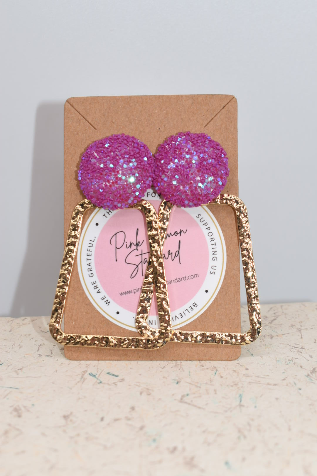 Statement Earrings: Pink Glitter & Gold Trap-ezoid Earrings