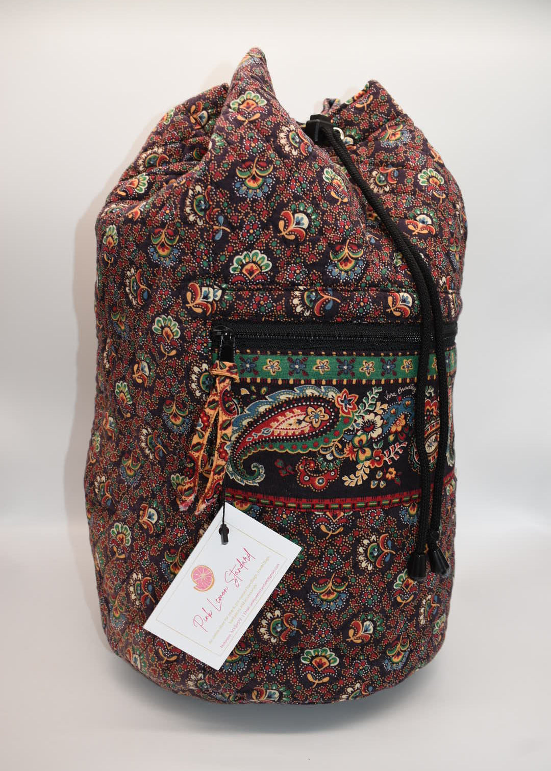 Vintage Vera Bradley Large Drawstring Sling Backpack in "Colette Black" Pattern