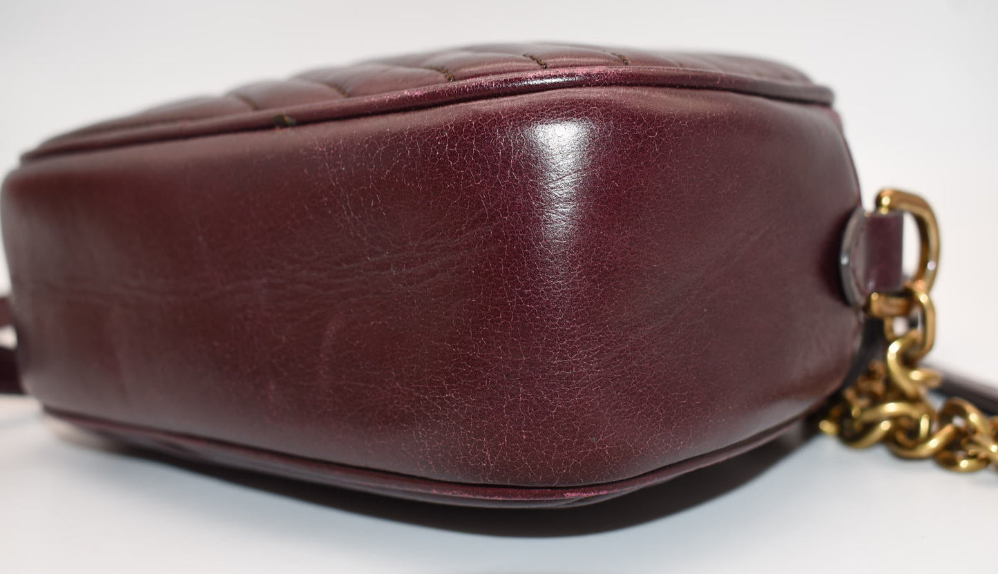 Tory Burch Kira Chevron Small Camera Bag in Fig Burgundy Glazed Leather