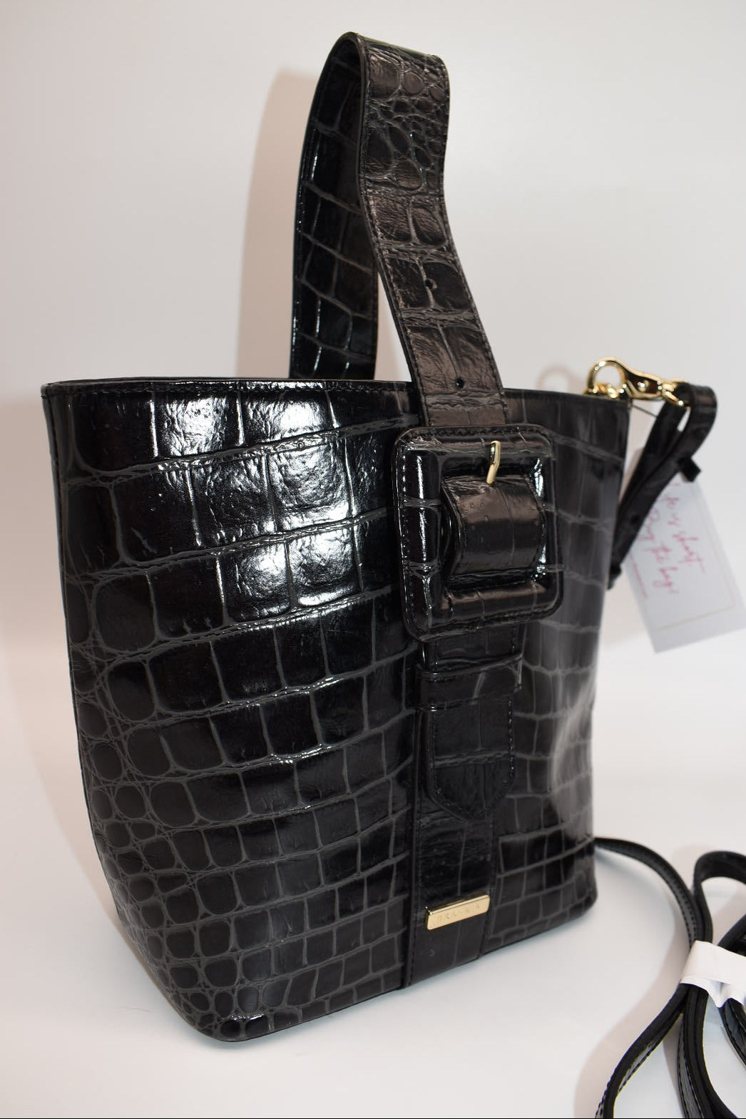 Brahmin Faith Top Handle Leather Convertible Bag in "Black Veil" Pattern