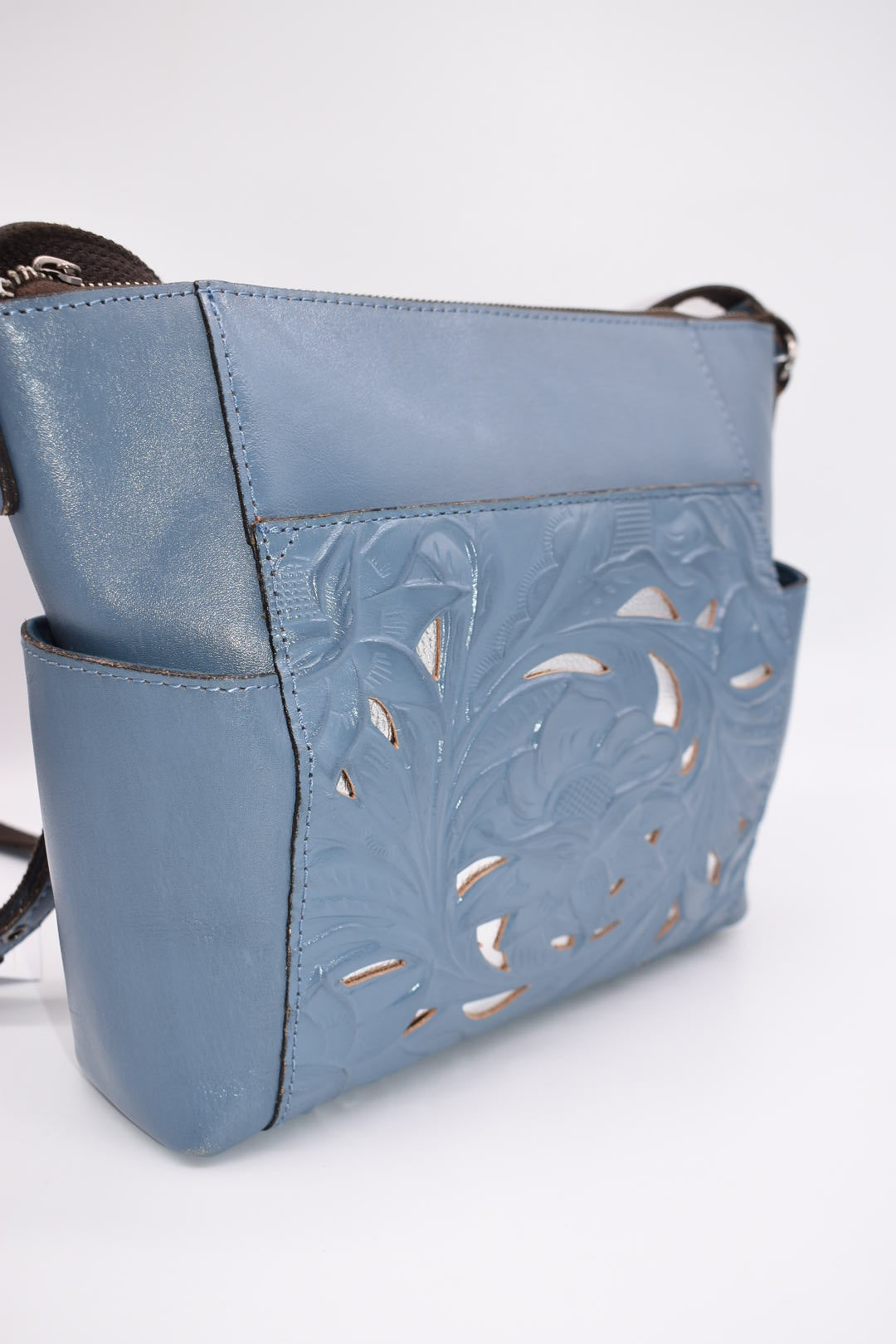 Patricia Nash Aveley Crossbody Bag in Burnished Cutout Tooled Safflower Blue