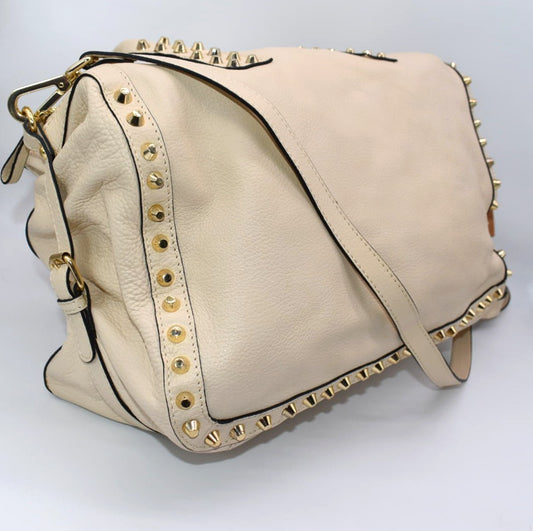 Clever Carriage Company Leather Studded Buckle Satchel Bag in Ivory