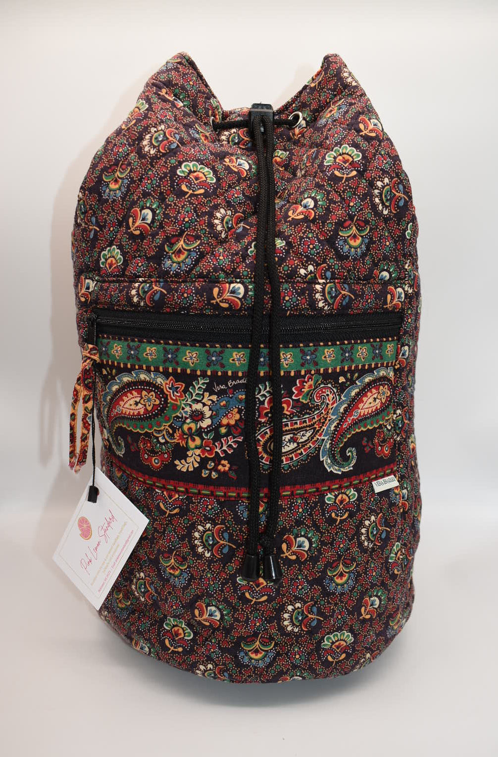 Vintage Vera Bradley Large Drawstring Sling Backpack in "Colette Black" Pattern