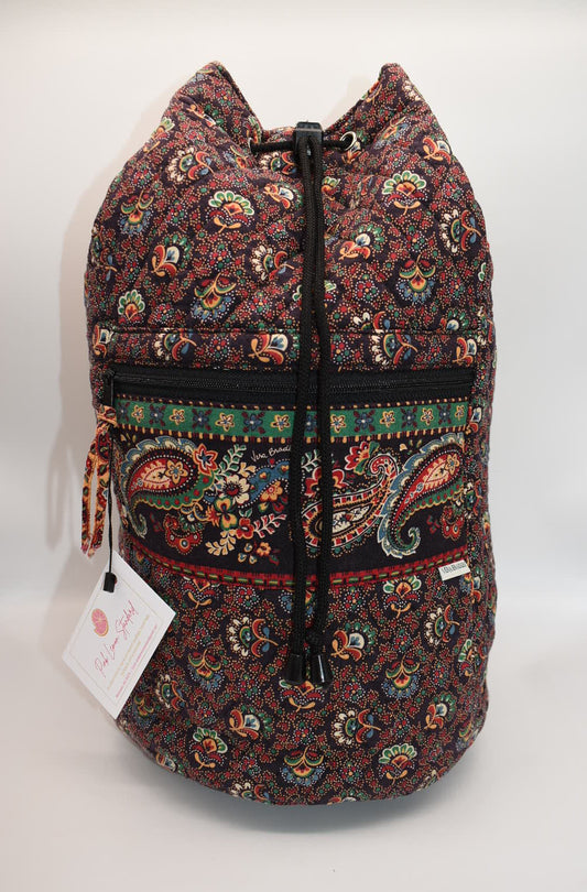 Vintage Vera Bradley Large Drawstring Sling Backpack in "Colette Black" Pattern