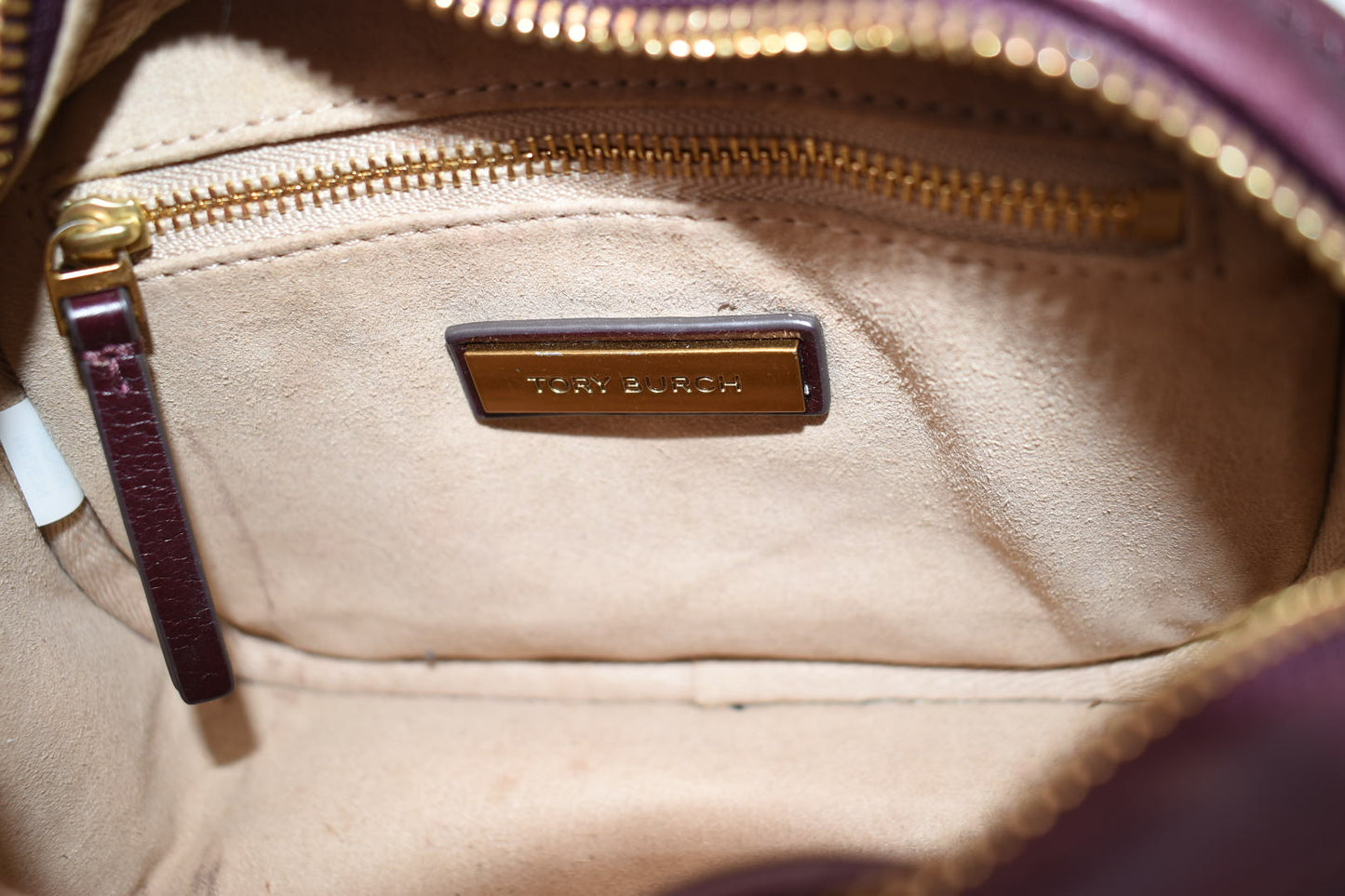 Tory Burch Kira Chevron Small Camera Bag in Fig Burgundy Glazed Leather