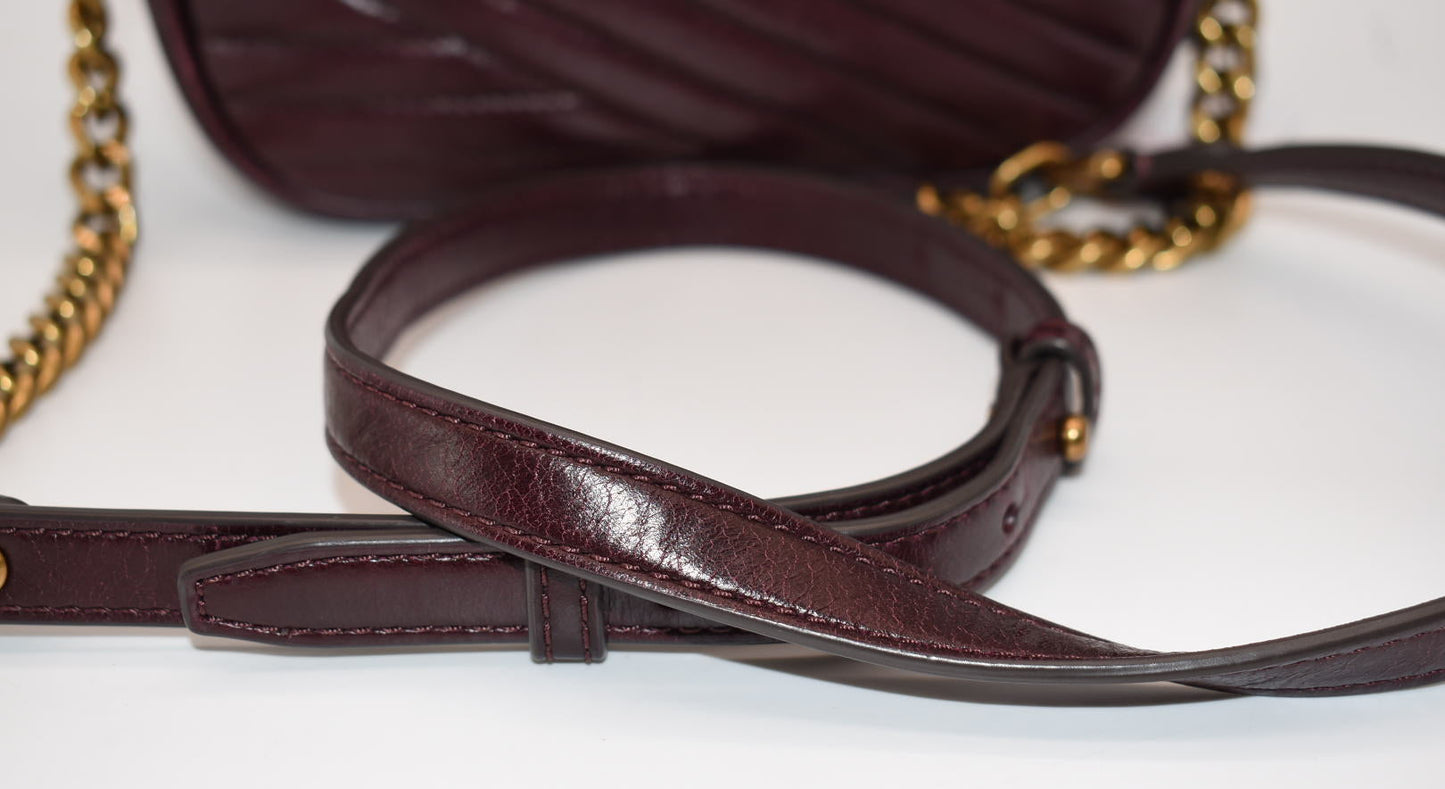 Tory Burch Kira Chevron Small Camera Bag in Fig Burgundy Glazed Leather