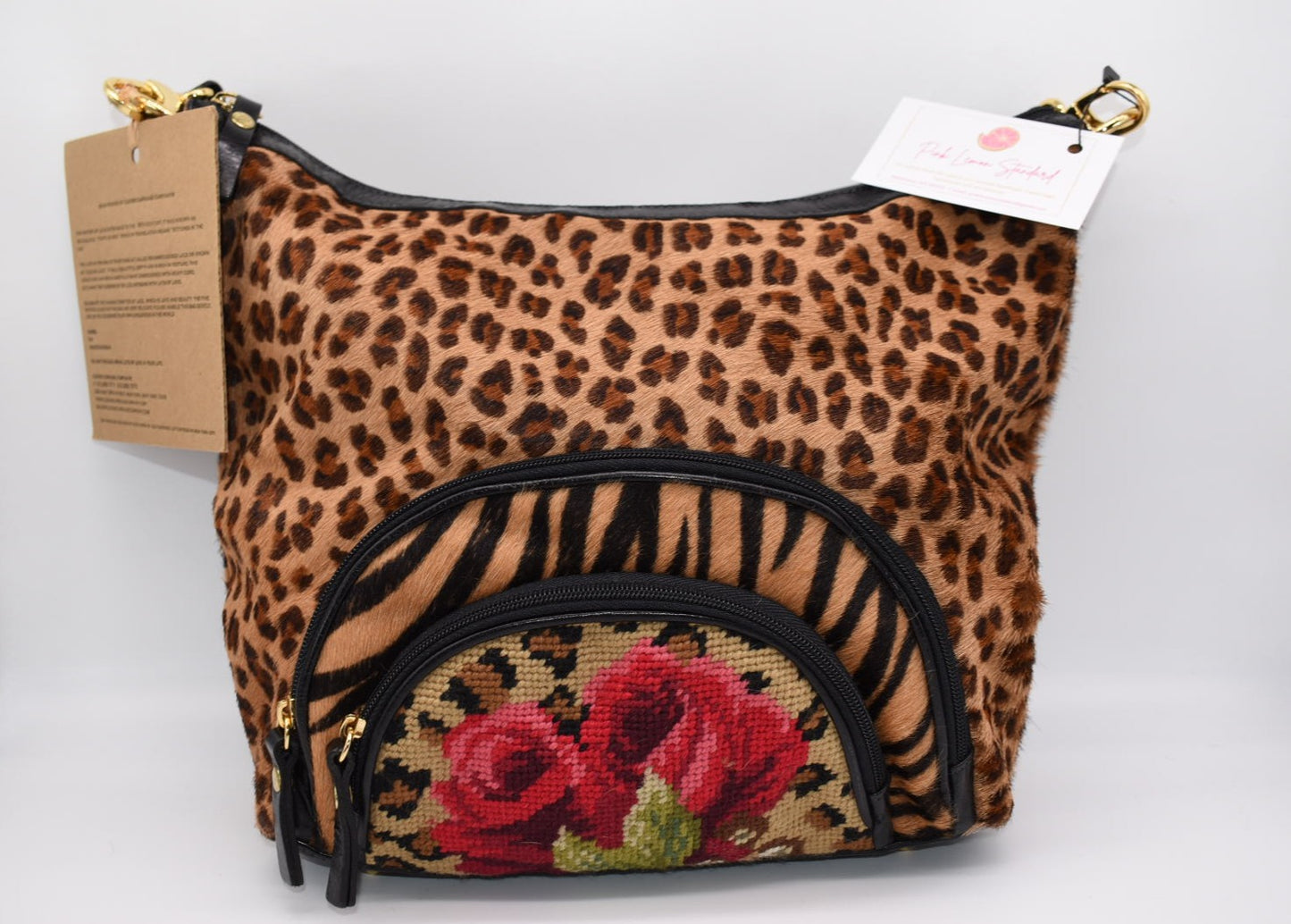 Clever Carriage Company Leopard & Hand Needlepoint Satchel Bag