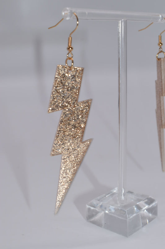 Statement Earrings: Gold Glitter Lightning Bolt Drop Earrings