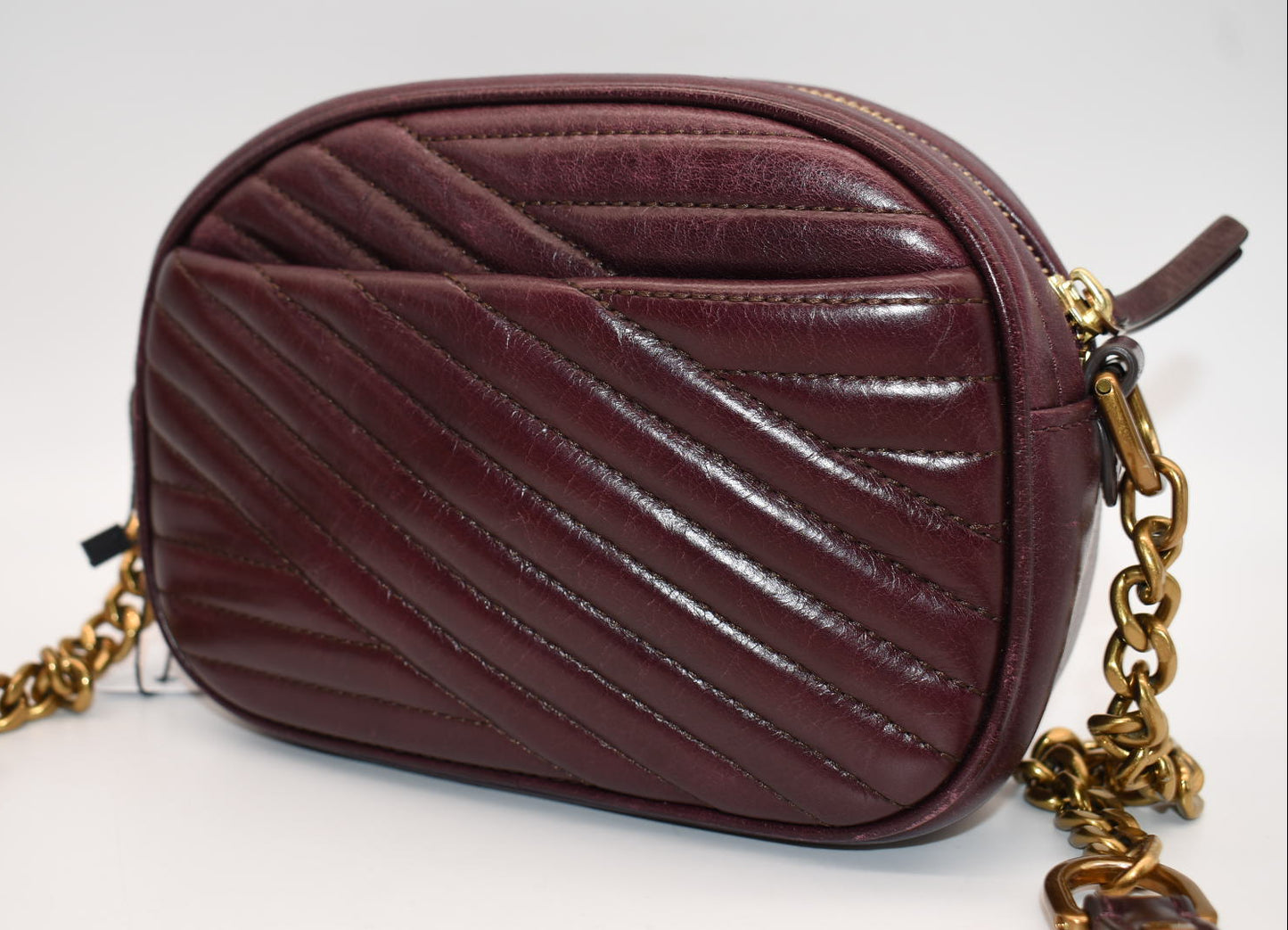 Tory Burch Kira Chevron Small Camera Bag in Fig Burgundy Glazed Leather