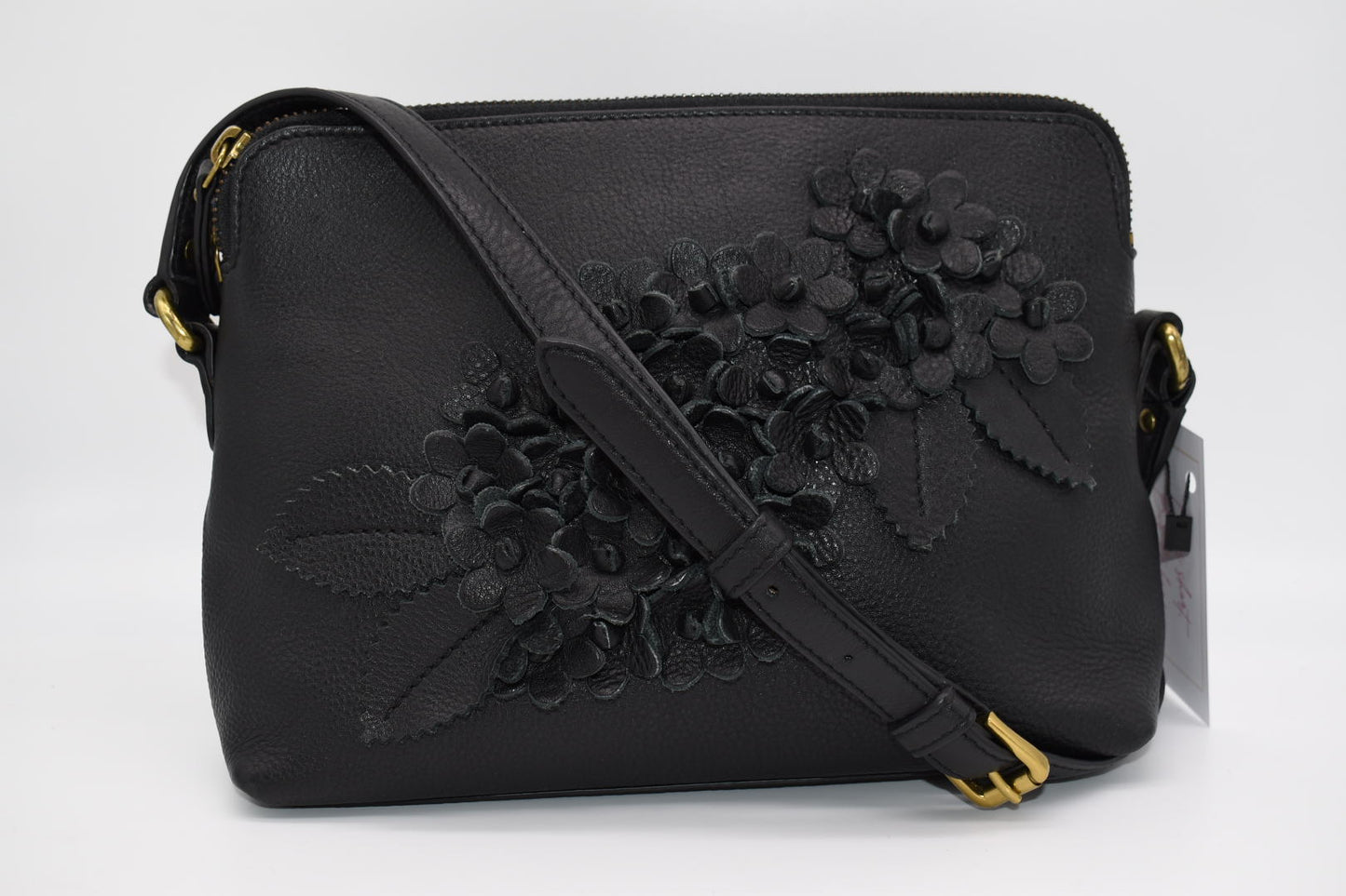Clever Carriage Company Triple Compartment Leather Black Floral Crossbody Bag