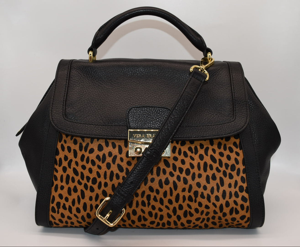 Vera Bradley Large Stella Satchel Bag in Leather & Calf Hair - Cheetah Black