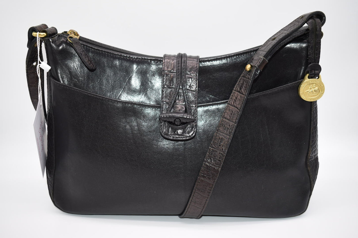 Vintage Brahmin Black Leather Shoulder Bag with Croc Embossed Trim