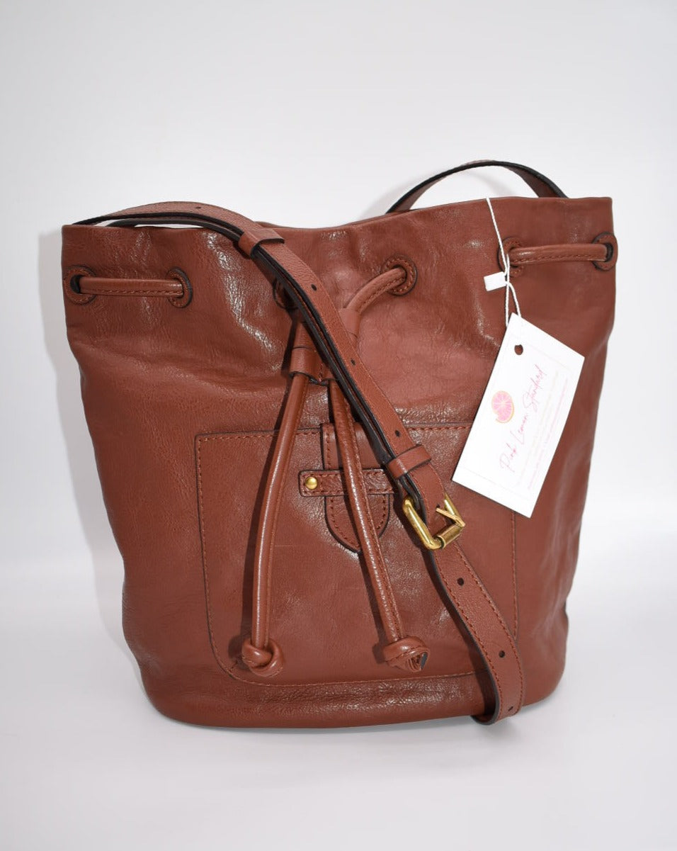 Frye Olivia Leather Bucket Bag in Cognac Brown