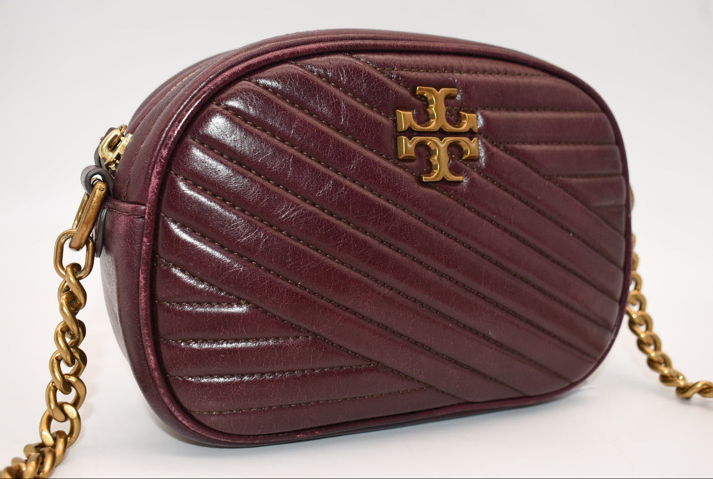 Tory Burch Kira Chevron Small Camera Bag in Fig Burgundy Glazed Leather