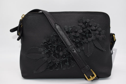 Clever Carriage Company Triple Compartment Leather Black Floral Crossbody Bag