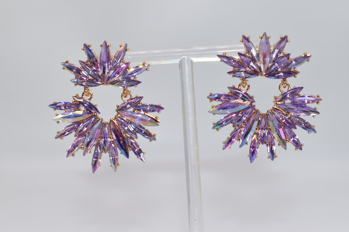 Statement Earrings: Crown & Gown Rhinestone -Purple Drop Earrings