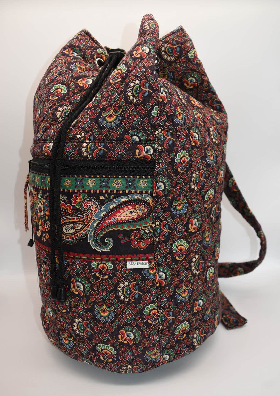 Vintage Vera Bradley Large Drawstring Sling Backpack in "Colette Black" Pattern