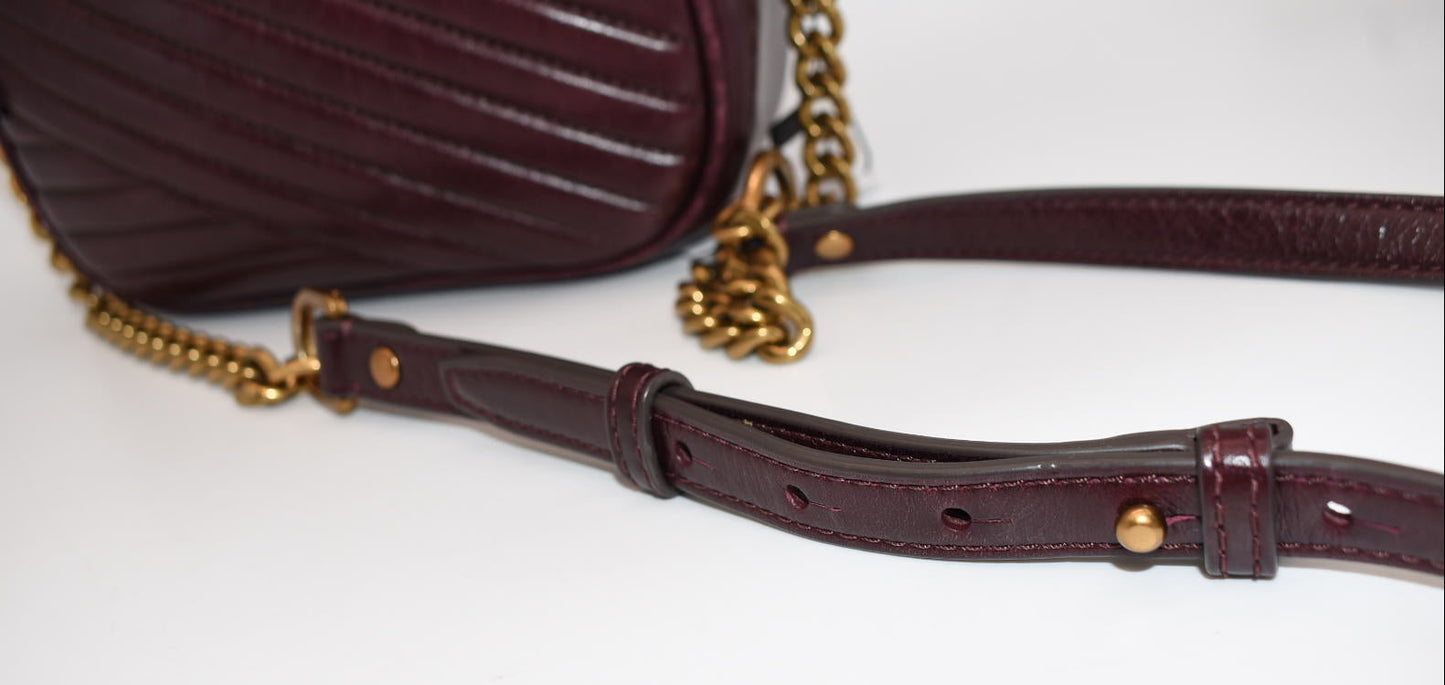 Tory Burch Kira Chevron Small Camera Bag in Fig Burgundy Glazed Leather