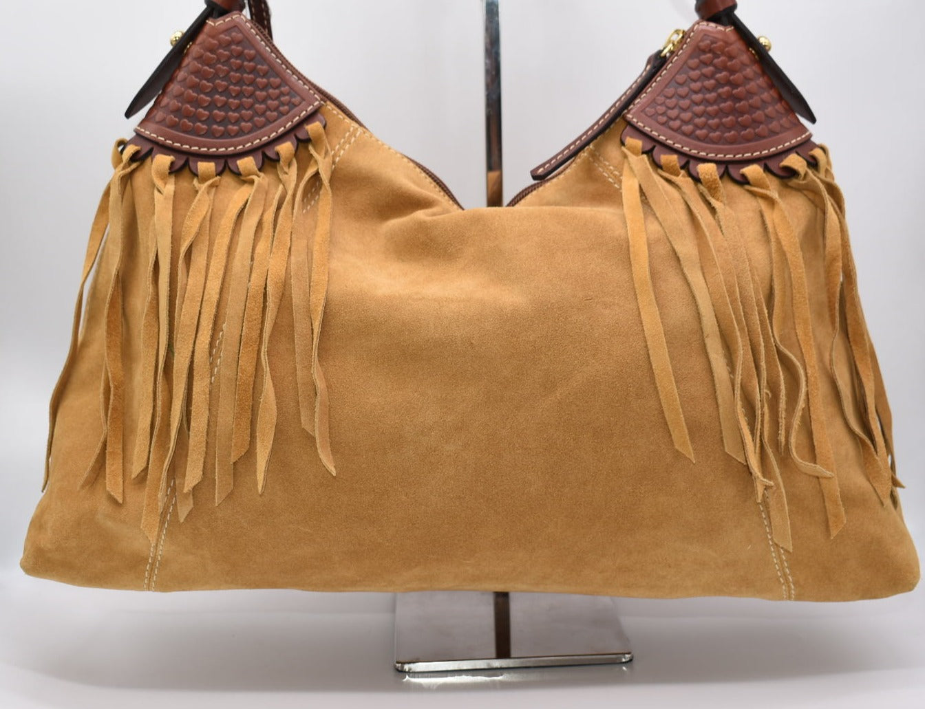 Dooney & Bourke Large East/West Slouch Suede Shoulder Bag with Fringe in Camel