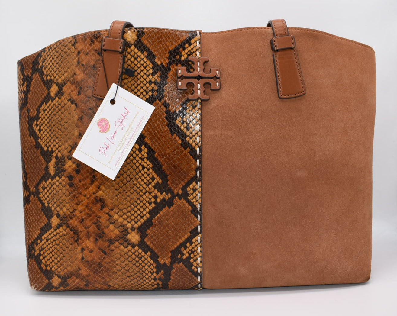 Tory Burch  McGraw Snake-Embossed Leather & Suede Tote in Dark Caramel