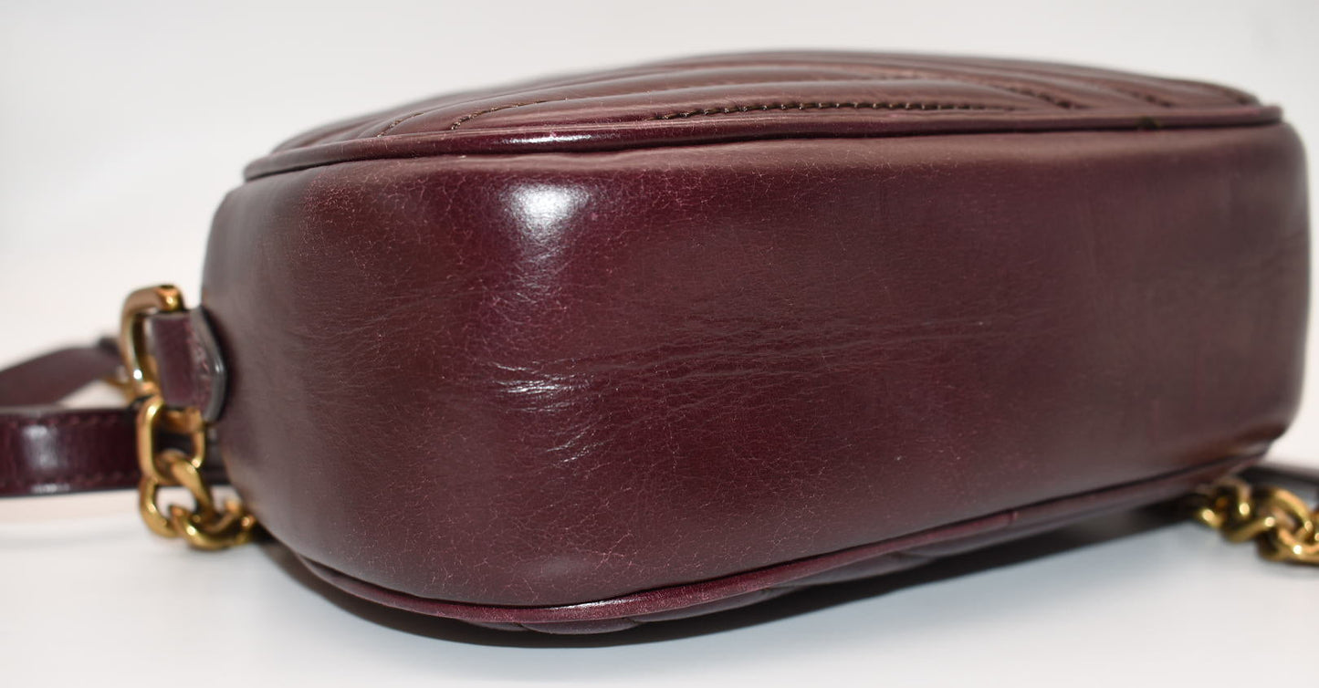 Tory Burch Kira Chevron Small Camera Bag in Fig Burgundy Glazed Leather