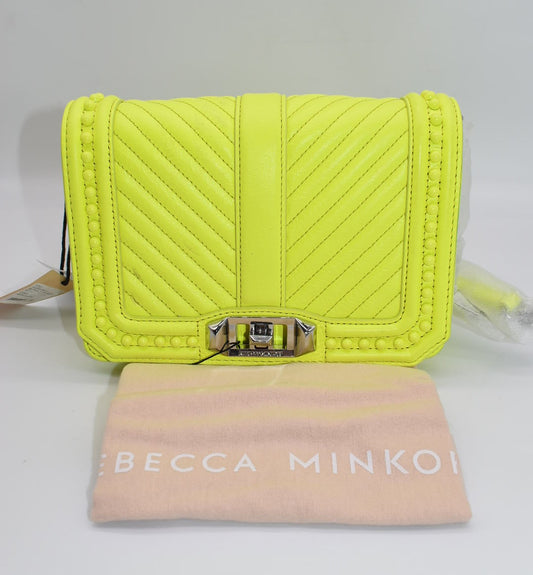 Rebecca Minkoff Chevron Quilted Small Love Crossbody Bag  with Studs in Neon Yellow