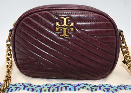 Tory Burch Kira Chevron Small Camera Bag in Fig Burgundy Glazed Leather