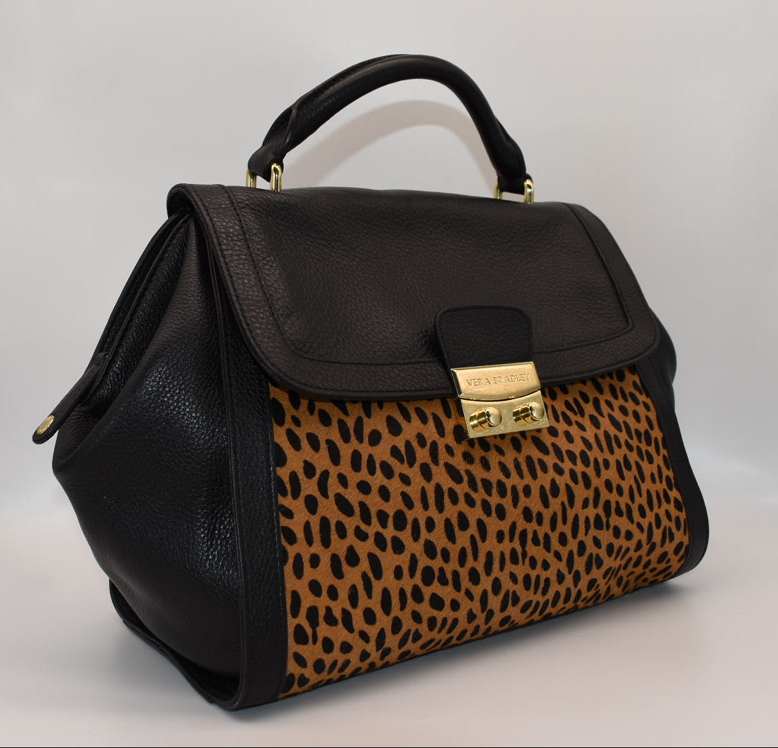Vera Bradley Large Stella Satchel Bag in Leather & Calf Hair - Cheetah Black