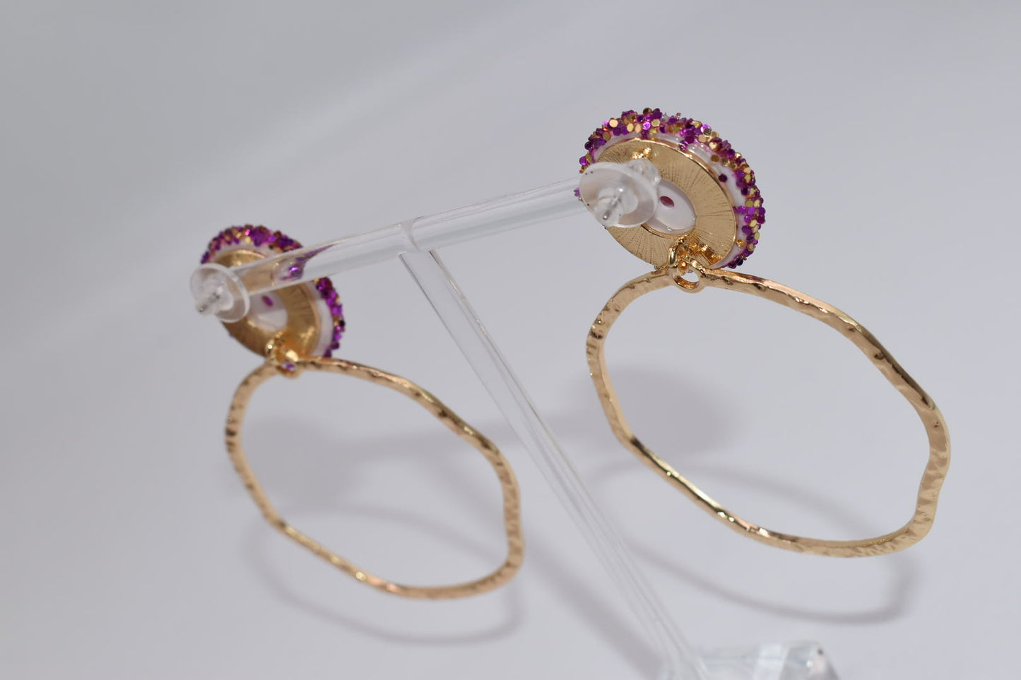 Statement Earrings: Glitter Top Hoops Purple & Gold Drop Earrings