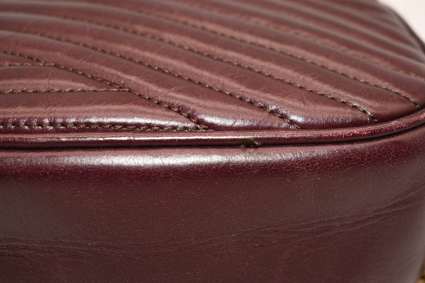 Tory Burch Kira Chevron Small Camera Bag in Fig Burgundy Glazed Leather