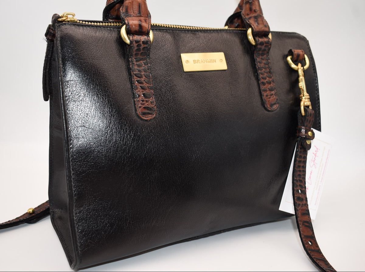 Brahmin Anywhere Convertible Leather Satchel Bag Tuscan Black