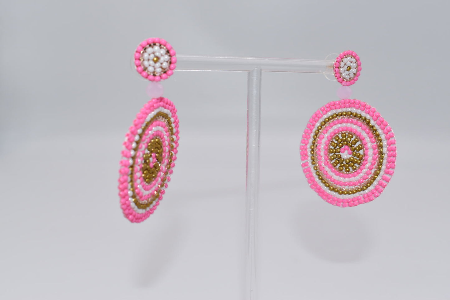 Statement Earrings: Beaded Round Boho Drop Earrings in Pink