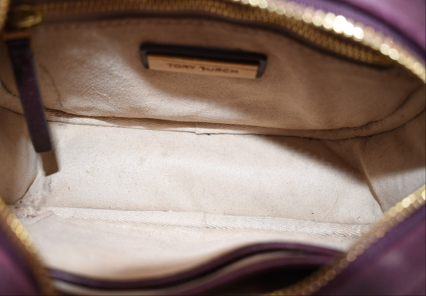 Tory Burch Kira Chevron Small Camera Bag in Fig Burgundy Glazed Leather