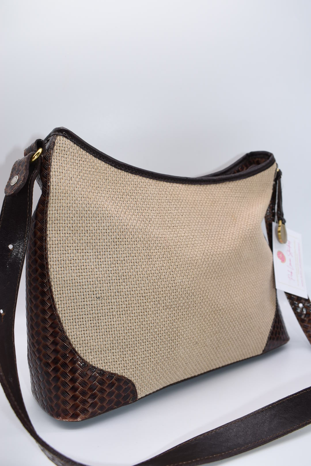 Brahmin Leather & Natural Canvas Woven Shoulder Bag