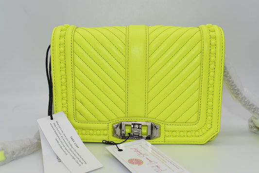 Rebecca Minkoff Chevron Quilted Small Love Crossbody Bag  with Studs in Neon Yellow