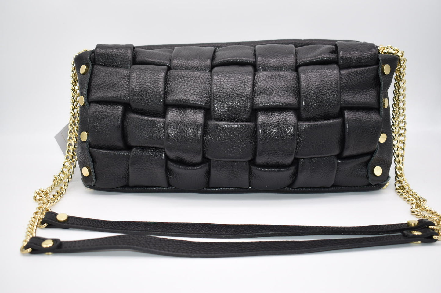Valentina Fiore Black Woven Leather Gold Studded Handbag w/ Gold Chain