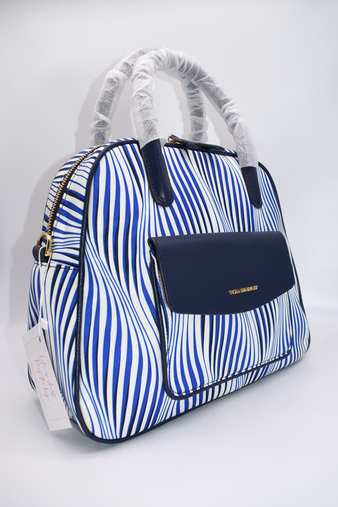 Vera Bradley Bowler Satchel Bag in "Wavy Stripe" with Navy Trim