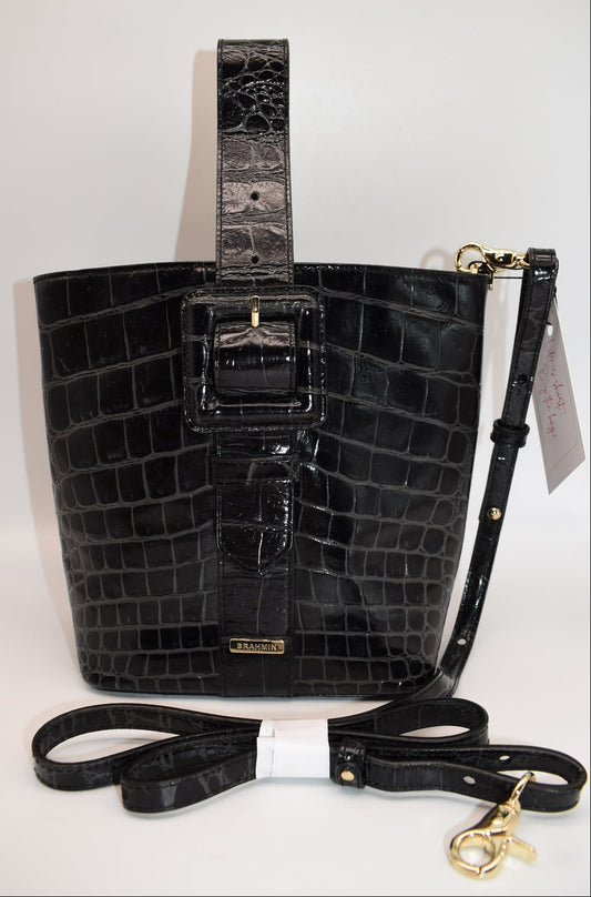 Brahmin Faith Top Handle Leather Convertible Bag in "Black Veil" Pattern
